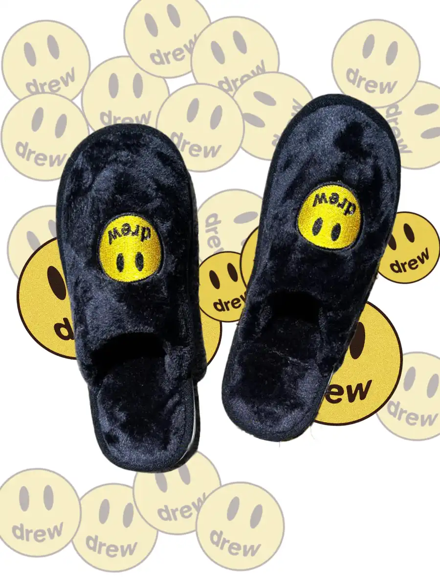 NWT Drew House Smiley Face Slippers White Black Mens S/M Justin Bieber  AUTHENTIC