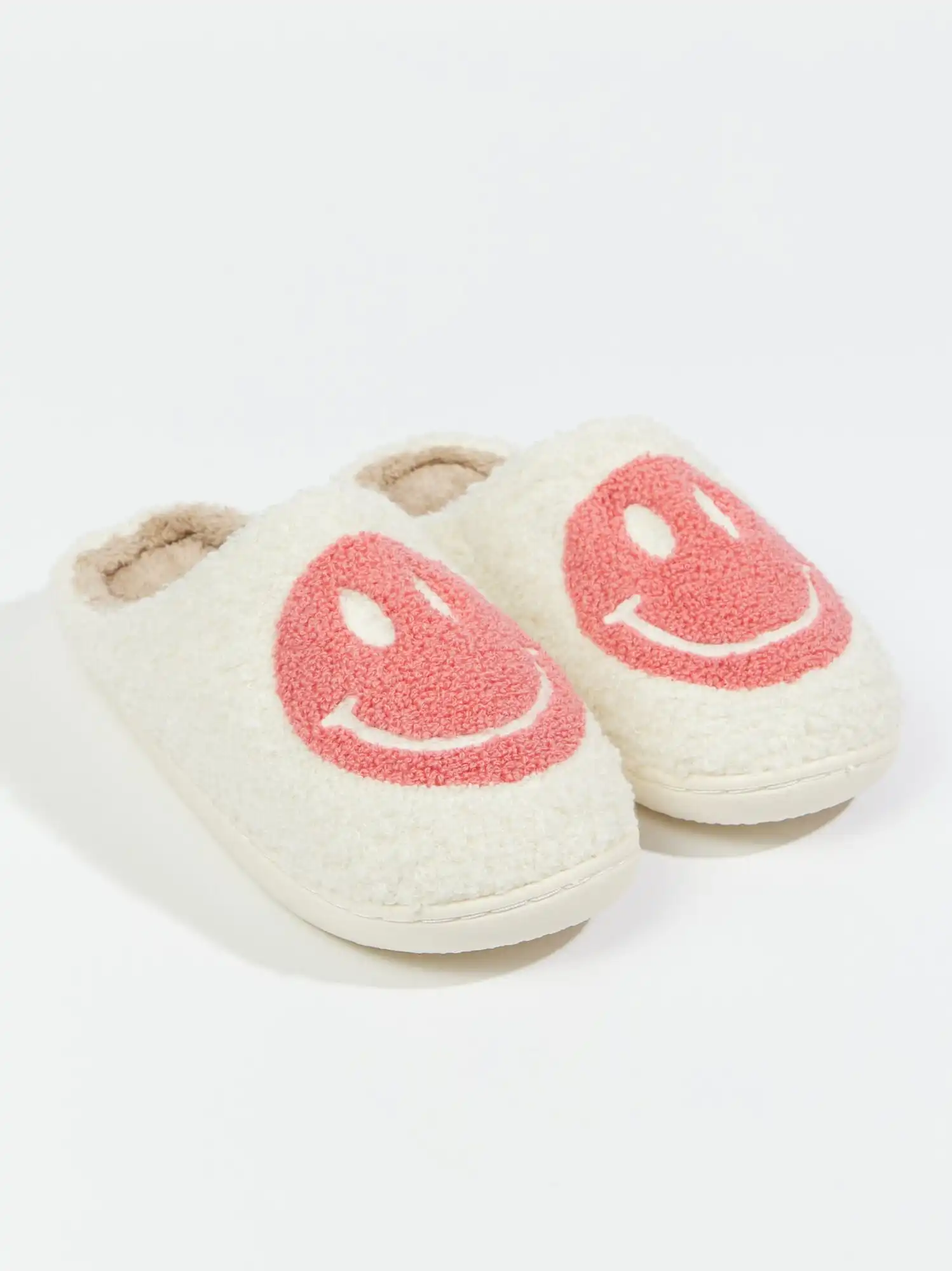 Cute Happy Face Slippers For Kids - Soft Plush, Memory Foam, Non-Slip Indoor/Outdoor House Slippers (White, Pink)