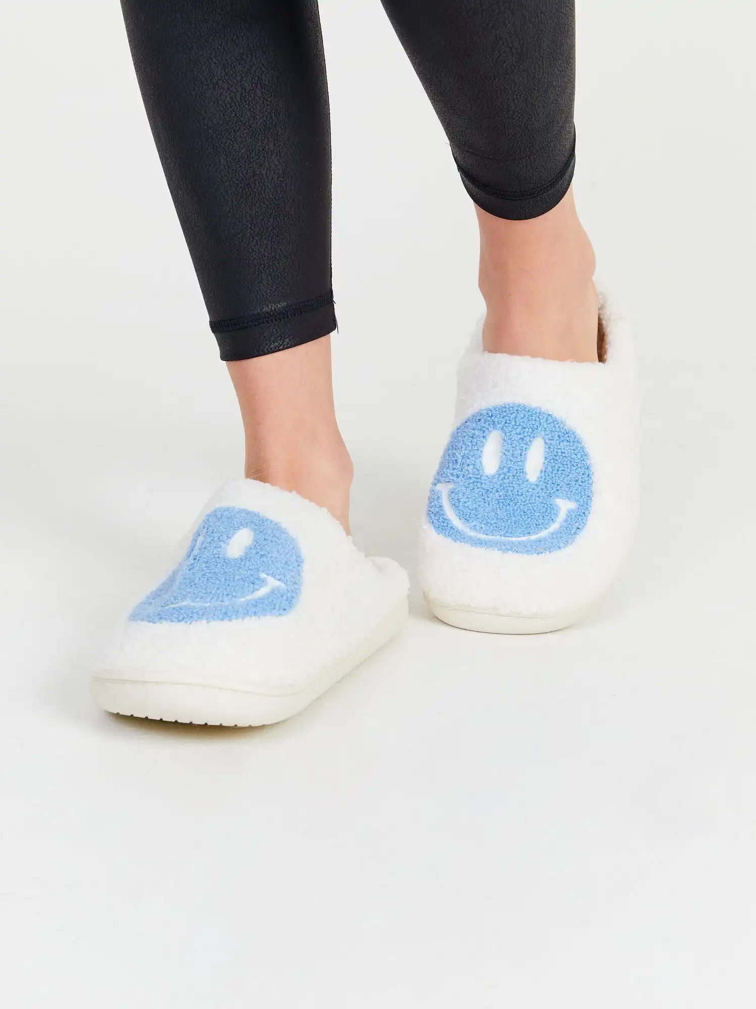 White Slippers with Blue Smiley Face