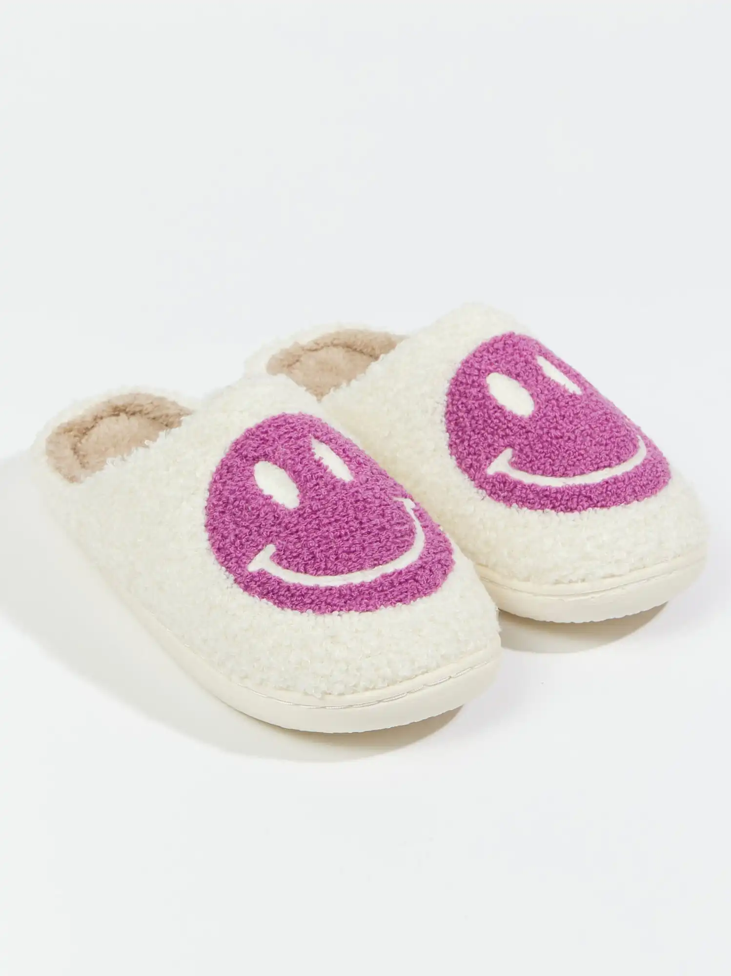 White Slippers with Purple Smiley Face