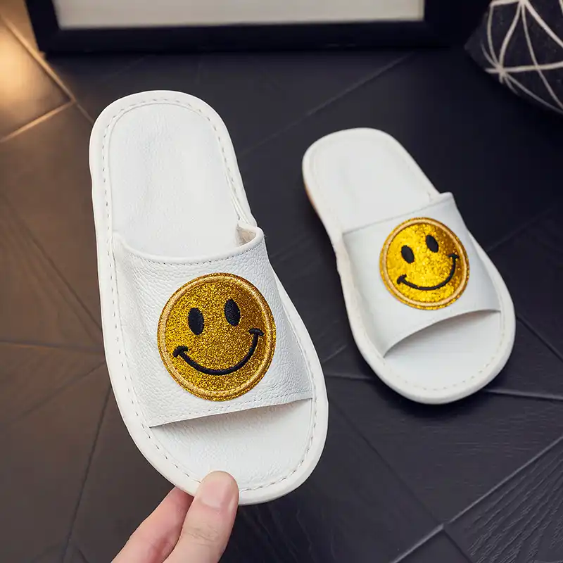 Cowhide Leather Smiley Face Sandals-White