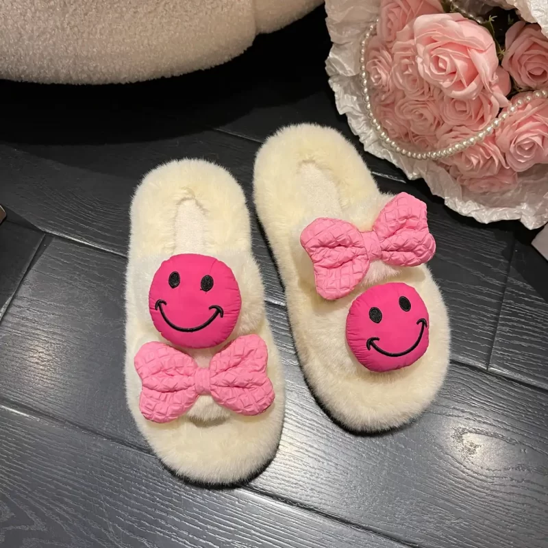Fashion Plush Smiley Face House Slippers - Pink Thick Sole