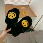 Fluffy Smiling Face Slippers Open Toe-Black