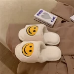 Fluffy Smiling Face Slippers Open Toe -White