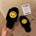 Fluffy Smiling Face Slippers Open Toe.-Black