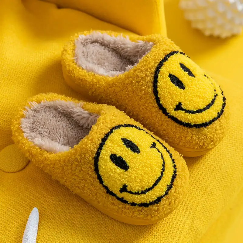 Fuzzy Toddler Slippers with Smiley Face-Yellow