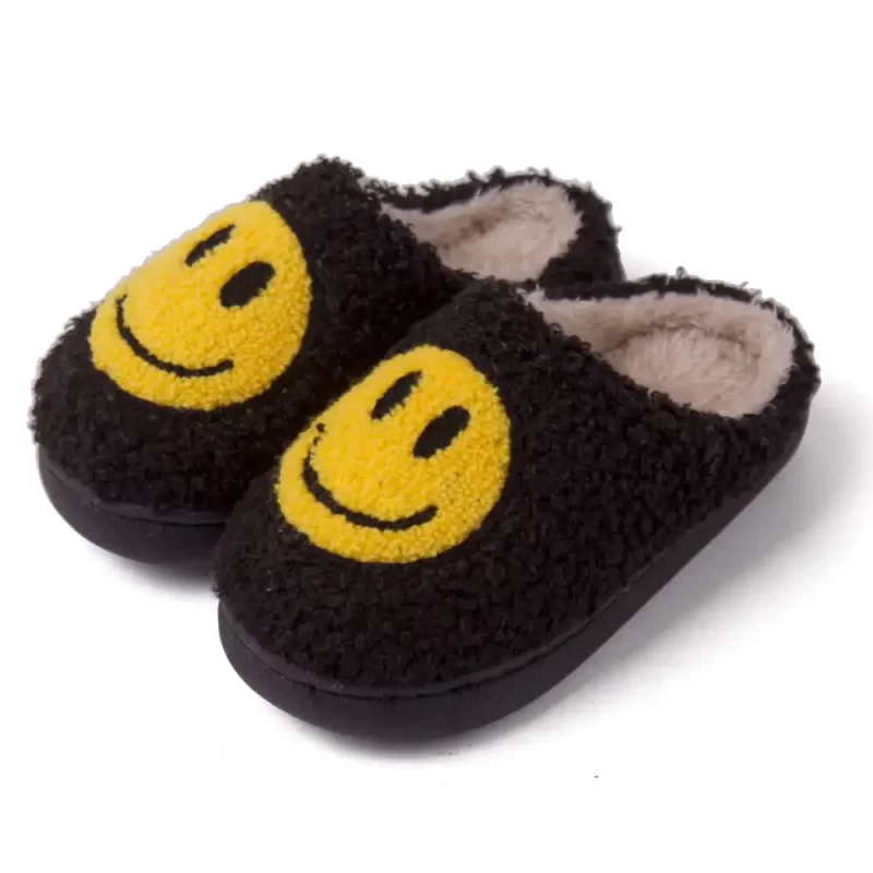 Fuzzy Toddler Smiley Face Slippers - black
