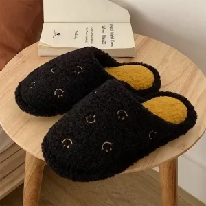 Home Slippers with Small Smiley Face-Black