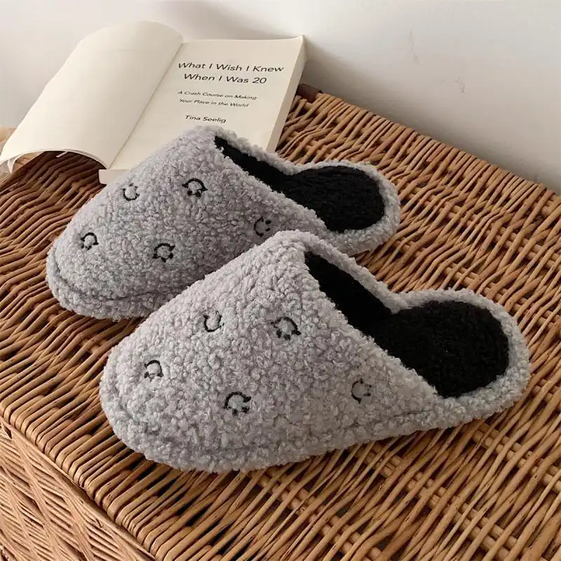 Home Slippers with Small Smiley Face-Gray