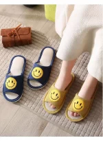 Linen Open Toe Slippers with Smiley Face -Yellow