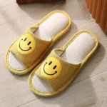 Linen Open Toe Slippers with Smiley Face -Yellow