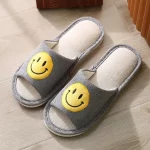 Linen Open Toe Slippers with Smiley Face -Gray