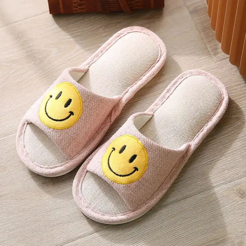 Linen Open Toe Slippers with Smiley Face -Pink