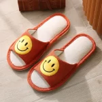Linen Open Toe Slippers with Smiley Face -Orange