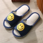 Linen Open Toe Slippers with Smiley Face -Navy blue