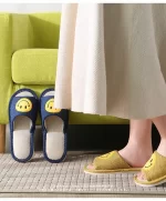 Linen Open Toe Slippers with Smiley Face -Navy blue