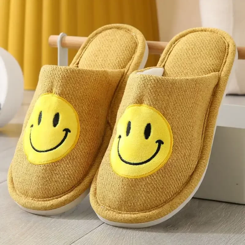 Linen Slippers with Smiley Face-Yellow