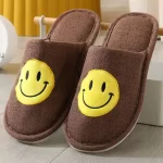 Linen Slippers with Smiley Face-Coffee