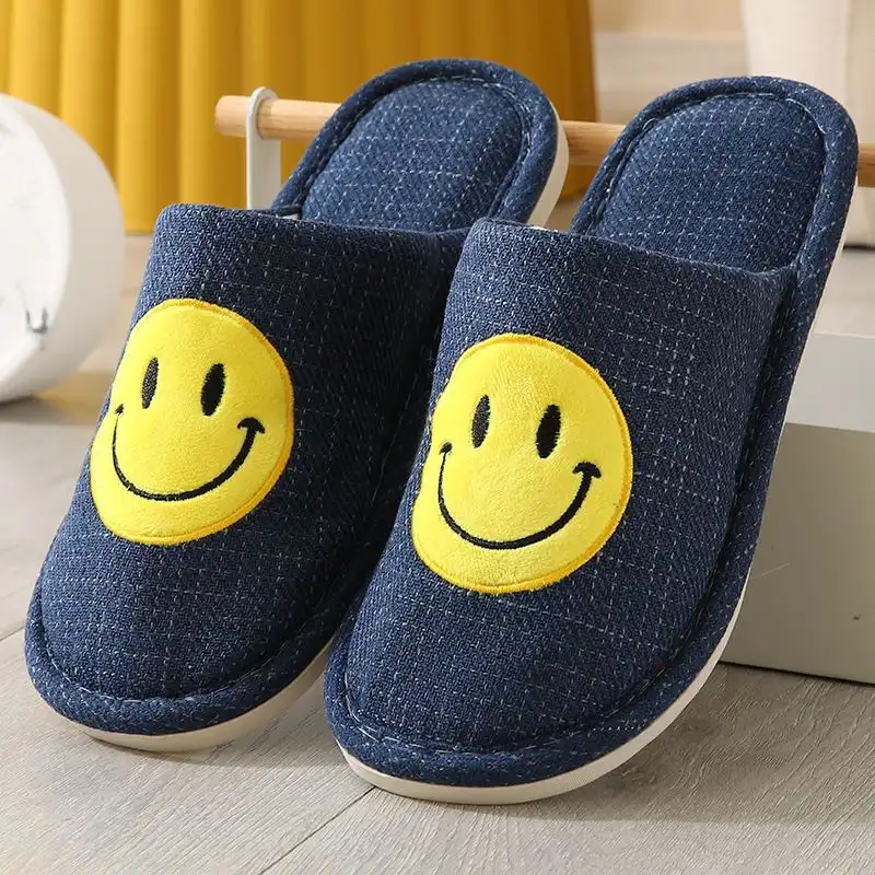 Linen Slippers with Smiley Face-Navy blue