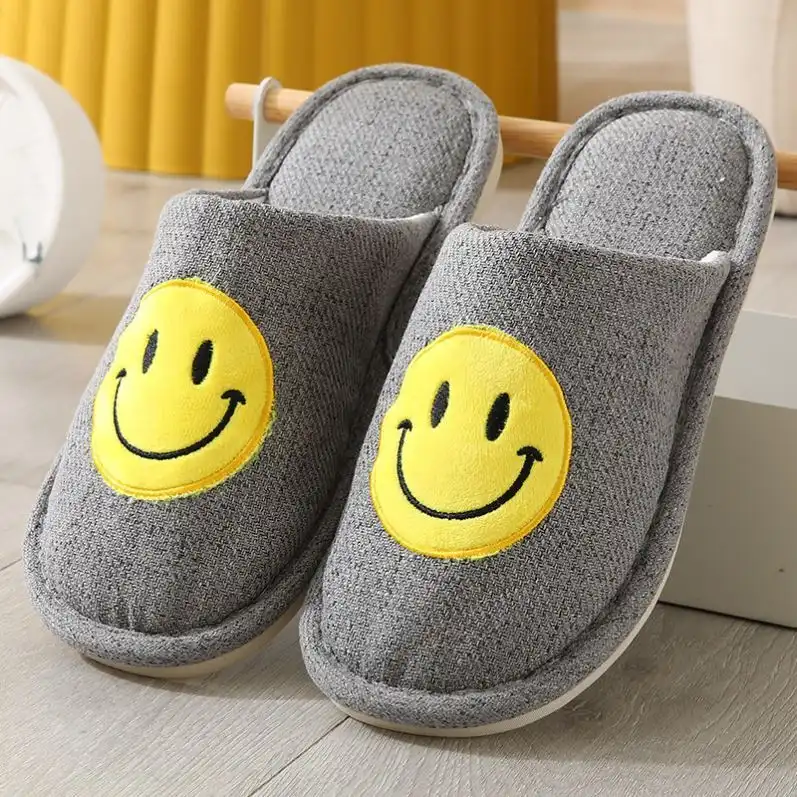 Linen Slippers with Smiley Face-Gray