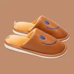 PU Leather Smiley House Slippers for Adults-Brown