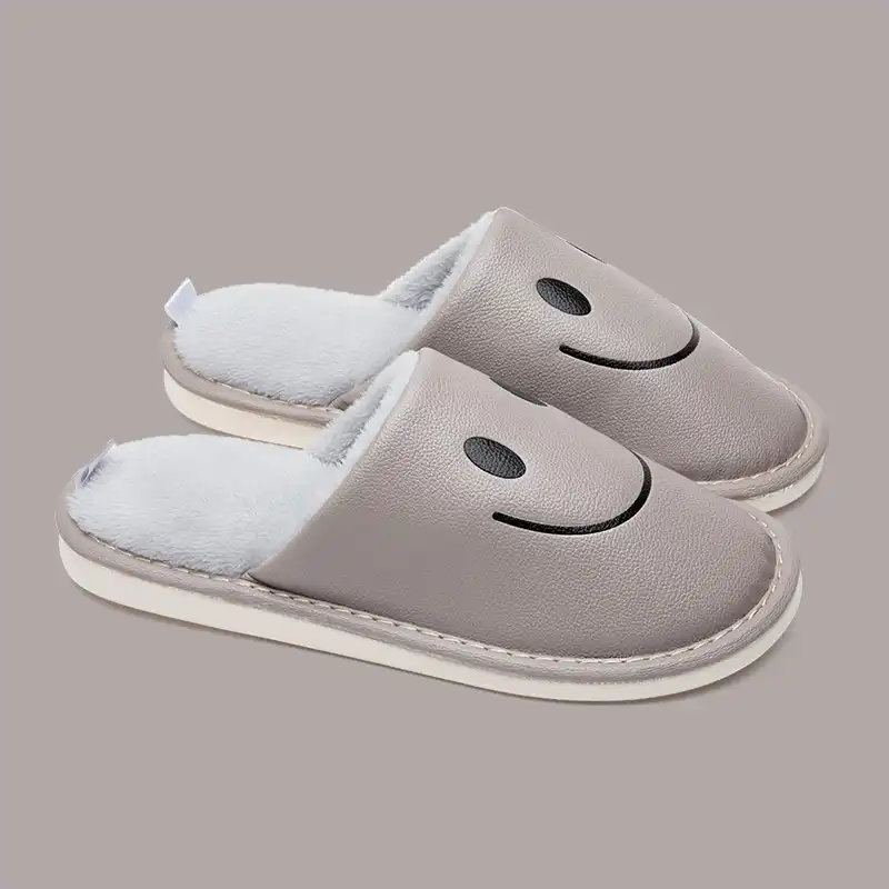 PU Leather Smiley House Slippers for Adults-Gray