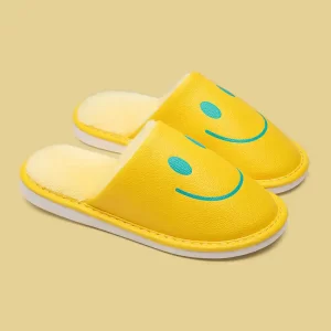 PU Leather Smiley House Slippers for Adults-Yellow