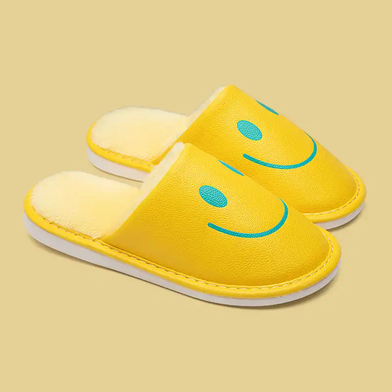 PU Leather Smiley House Slippers for Adults-Yellow