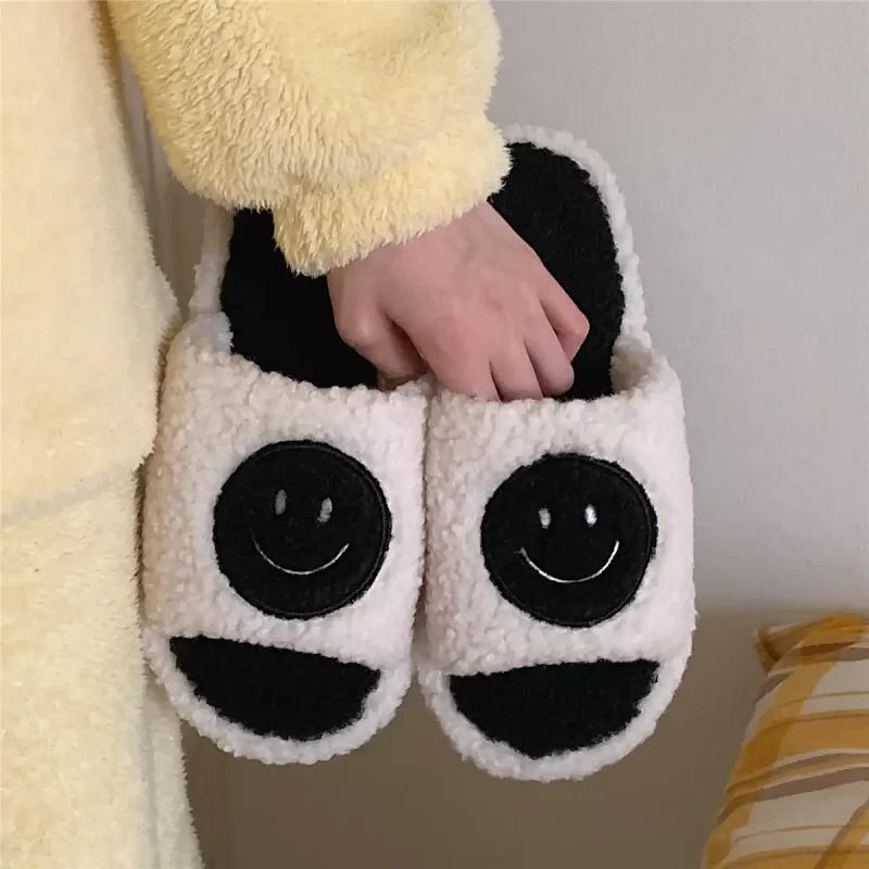 Plush Open Toe Smiley Slippers -White