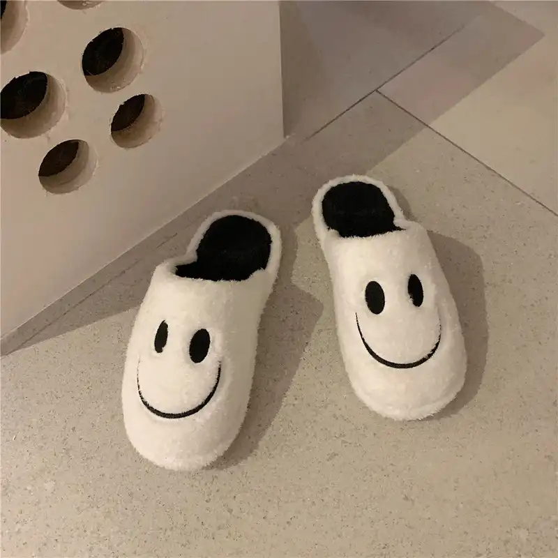 Popular Fuzzy Smiley Face Slippers for Adults-White