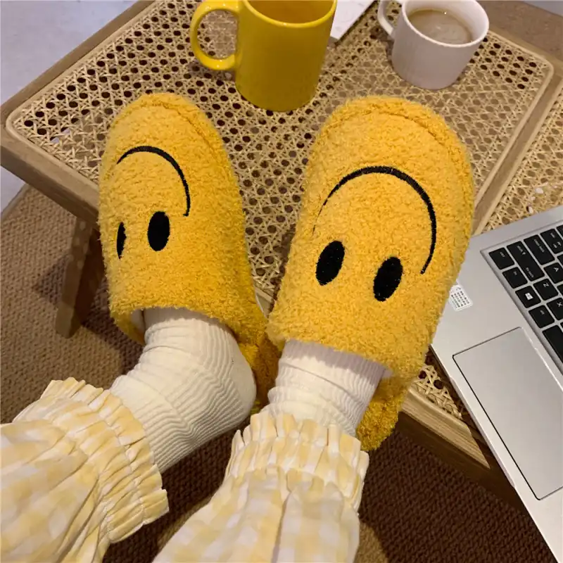 Popular Fuzzy Smiley Face Slippers for Adults-Yellow