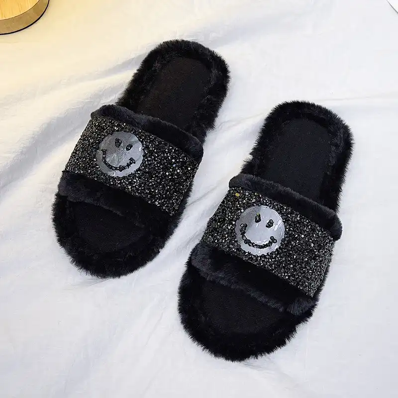 Slip-on Slippers with Smiling Face -Black