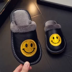 Smiley Face Slippers with Cowhide Leather for Kids-Black