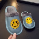 Smiley Face Slippers with Cowhide Leather for Kids-Blue