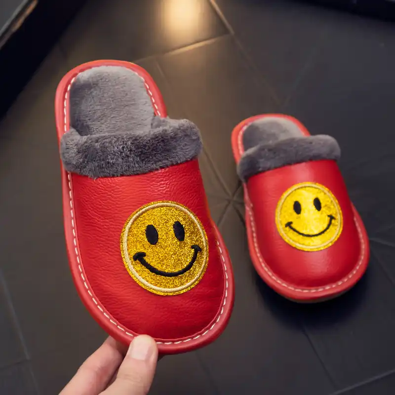 Smiley Face Slippers with Cowhide Leather for Kids-Red