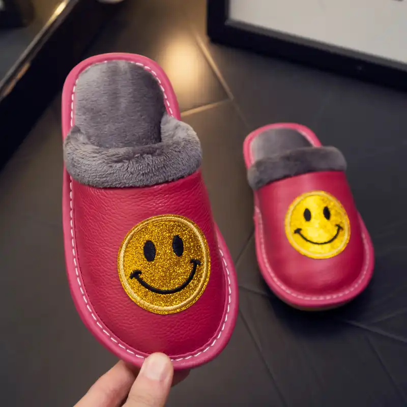 Smiley Face Slippers with Cowhide Leather for Kids-Rose red