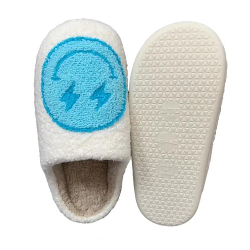 Smiley Face Slippers with Lightning Bolt Eyes-Blue