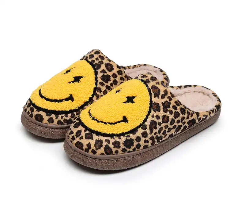 Smiley Face Slippers with Lightning Bolt Eyes - Leopard