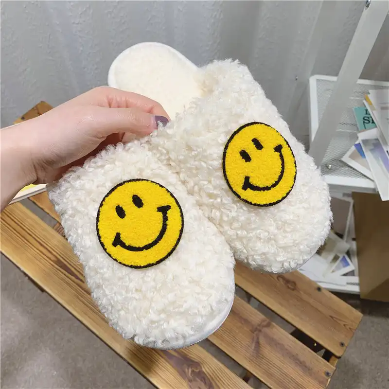 Solid Color Faux Plush Smiley Face Slippers -White