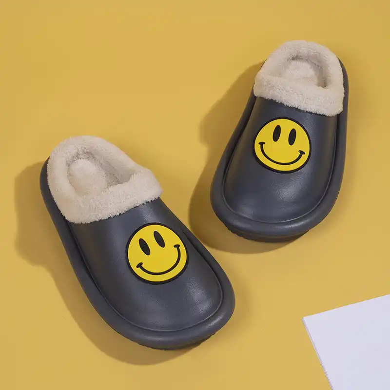 Waterproof Furry Smiley Face Slippers-Gray