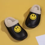 Waterproof Furry Smiley Face Slippers-Black