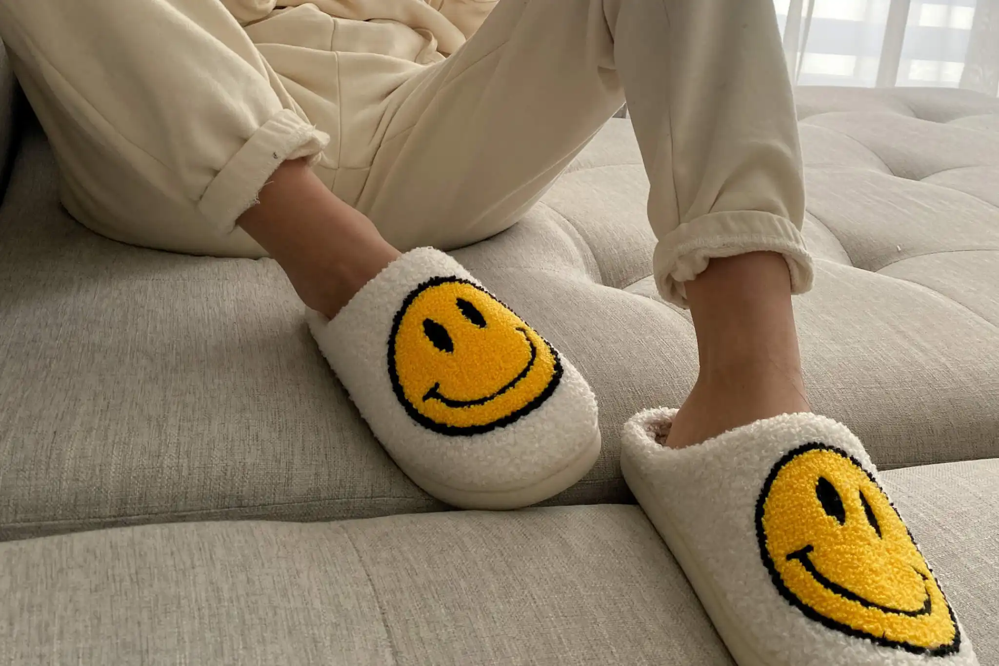 Fame Accessories Fuzzy Smiley Slippers at Dry Goods