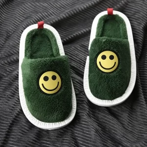Winter Smiley Face Thick Sole Non-Slip Plush Slippers - Green